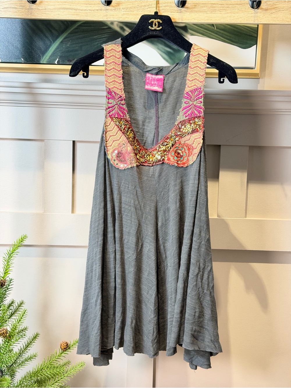 Free People Sleeveless Trapeze Tank Top Gray Stripes Taupe Magenta Gold Size S